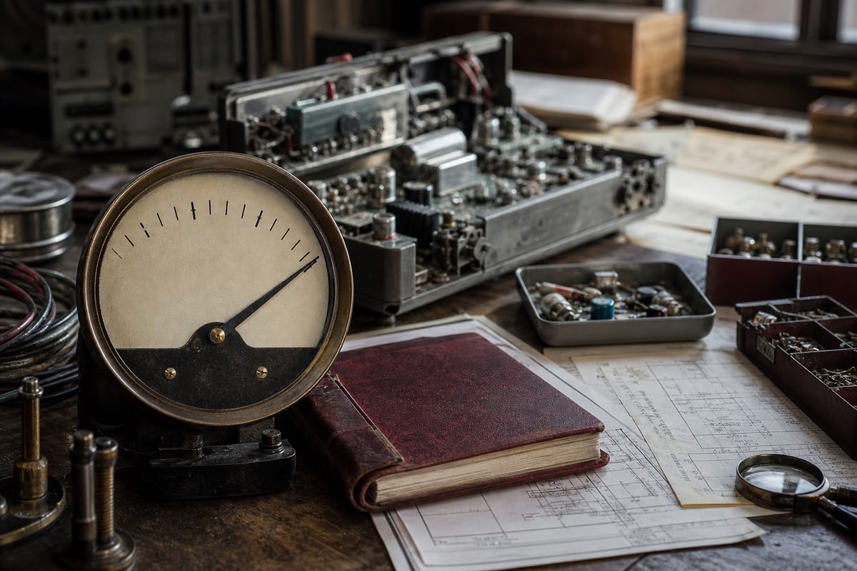 A precision analogue gauge points to its maximum on a laboratory bench; behind it, an open electronic device, technical drawings and records show everything the number cannot contain.