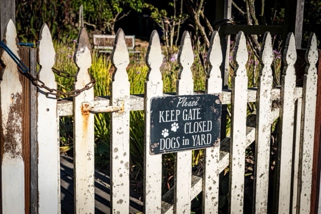A white wooden gate, latched shut with a rusted chain, in front of a flowering garden. An enamel sign reads 